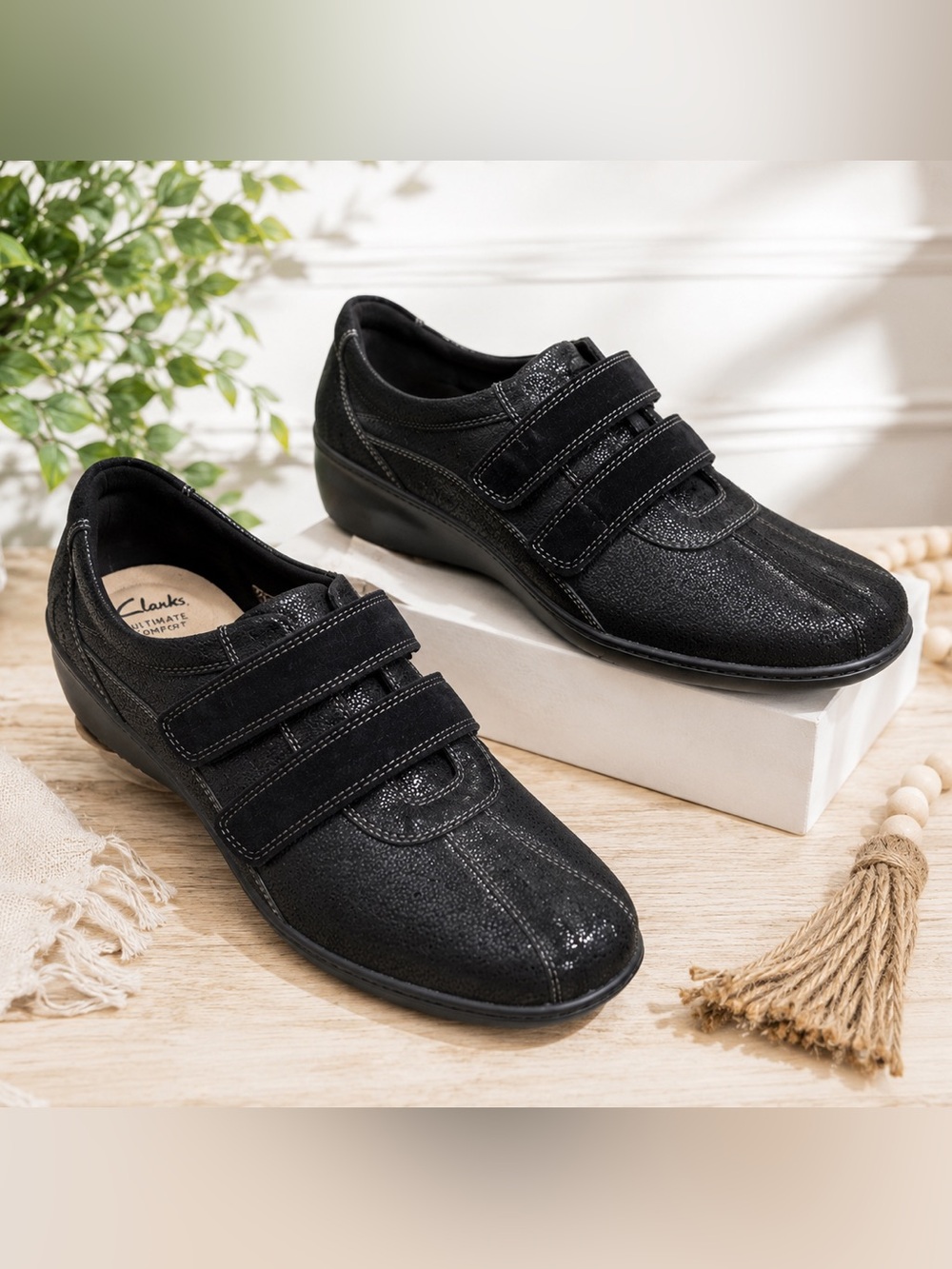 Clarks Ashland Spin Q Black Leather Comfort Shoes Size 9.5 Wide NWOT #1